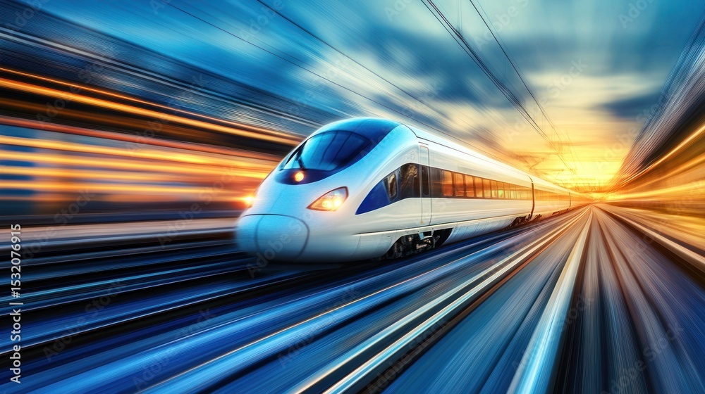 Fototapeta premium Fast train streaks through tunnel at sunrise