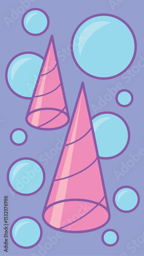 Pastel festive vector illustration featuring conical shapes and floating bubbles for celebration