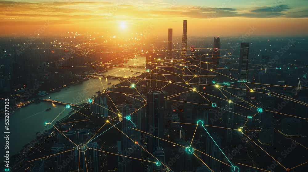 Fototapeta premium Smart city with connection network reciprocity over the cityscape social media networking systems that connects on the peak of success amid tall, innovative Smart city and graphs with statistics