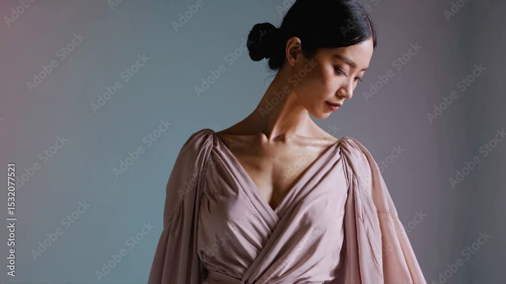 Elegant Woman in Pink Dress: A portrait of a poised woman, her dark ...