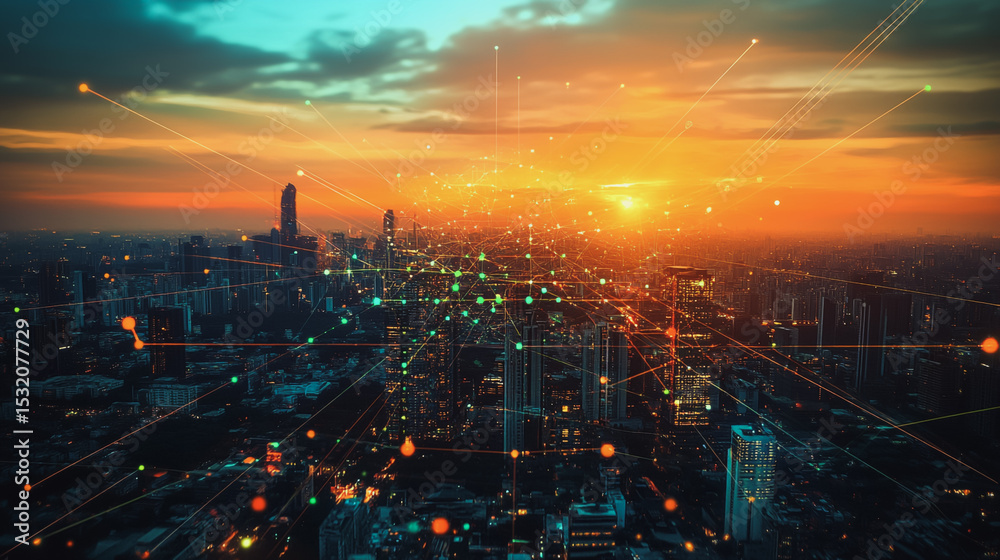 Fototapeta premium Smart city with connection network reciprocity over the cityscape social media networking systems that connects on the peak of success amid tall, innovative Smart city and graphs with statistics