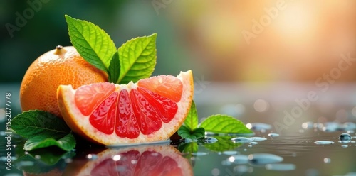 Juicy grapefruit & mint leaves, dynamic water droplets , fresh, still life