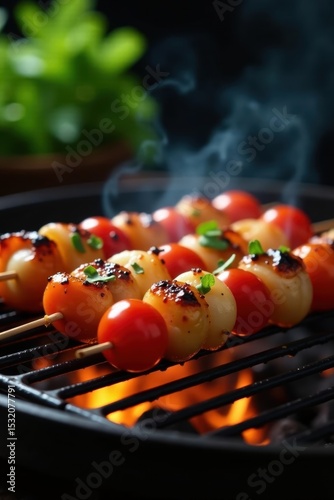 Juicy grilled shashliks on hot grate, sizzling , tasty, flame