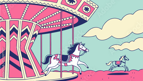 Illustration of a pink and beige carousel with horses and clouds in the background on a sunny day
