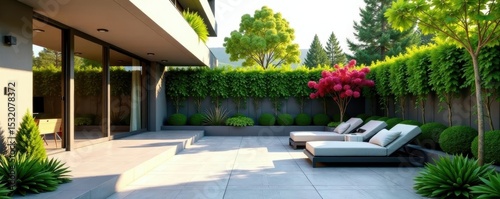 Modern minimalist patio with sleek lines & vibrant planters, patio, plants
