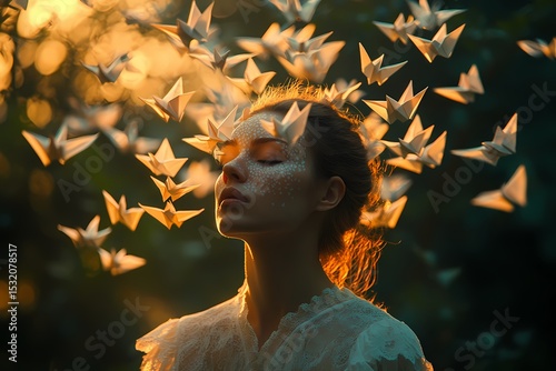 Surreal Origami Bird Portrait in Twilight Forest