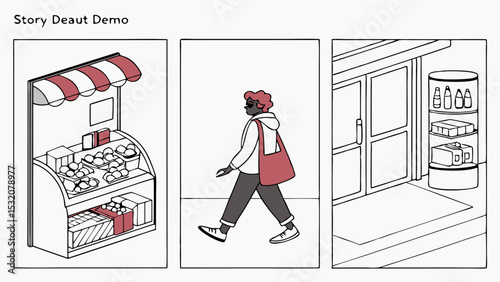 Three panel comic strip depicting a bakery stand, a person walking, and a store front with a display case