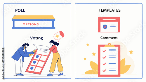 Illustration showing poll options and voting process along with templates and comment section features shown