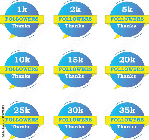 Followers bundle graphic from 1K to 35K with red gradient, sky blue, and white backgrounds. Editable vector design ideal for social media and marketing use.