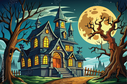 Spooky Halloween night with a haunted house, moon, bats, and pumpkin against a dark sky, perfect for an October celebration card