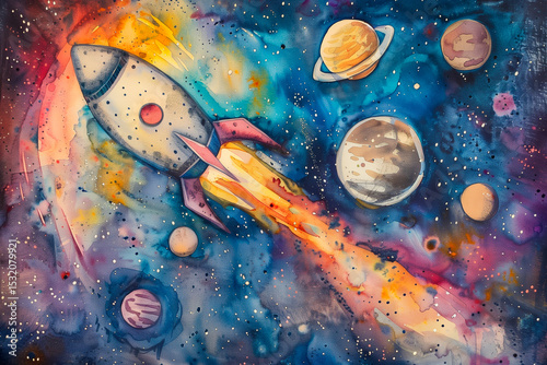 Adorable Kids’ Space Scene with Rocket and Planets in Watercolor Style. Generative AI