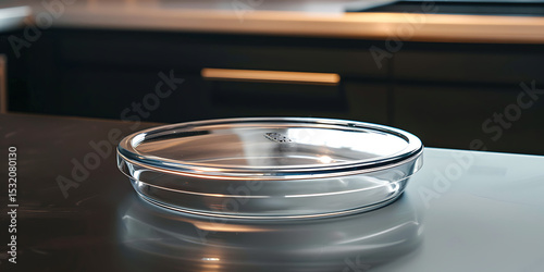 A clear glass serving dish sits on a sleek kitchen countertop