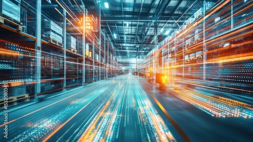 Fast-paced warehouse interior.  Motion blur highlights automated logistics