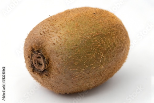 Single brown fuzzy kiwi fruit on white background