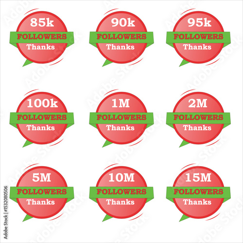 Followers bundle graphic from 85k to 15M with red gradient, green, and white backgrounds. Editable vector design ideal for social media and marketing use.