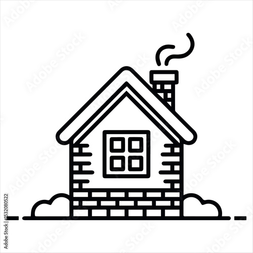 Simple Line Art Illustration of a Cozy Brick House with Chimney Smoke
