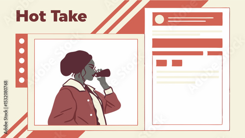 Illustration showing a woman drinking from a bottle next to a social media post with graphic elements