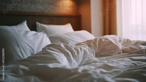 Sunlit cozy bedroom with rumpled bedding