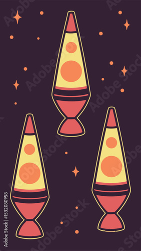 Stylish retro lava lamps floating in a dark space with starbursts vector design