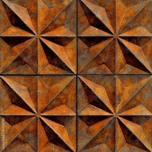 Intricate Brown Textured Wall Panel Featuring Geometric Patterns and Shadows
