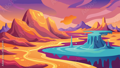 Stylized fantasy landscape illustration featuring mountains river and colorful sky
