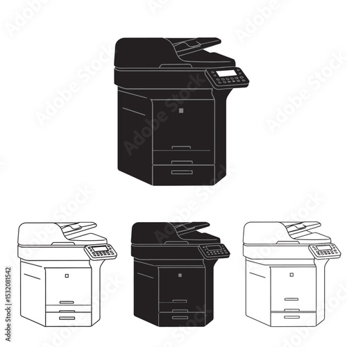 Printer, office machine with paper, document stack. Scanner, copy equipment. Multifunction device. Paperwork with carton, cardboard box. Vector cartoon design