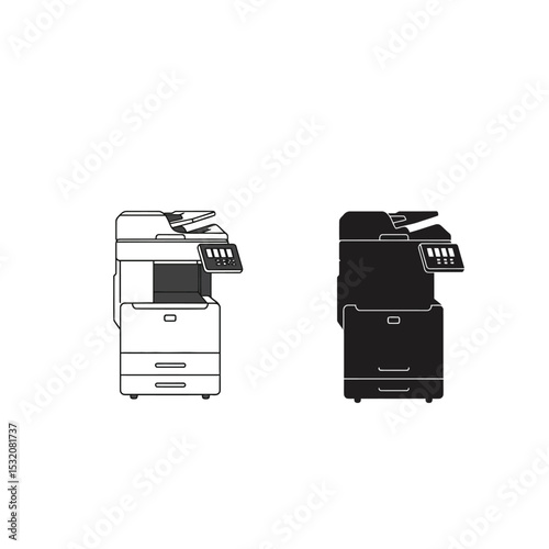 Printer, office machine with paper, document stack. Scanner, copy equipment. Multifunction device. Paperwork with carton, cardboard box. Vector cartoon design