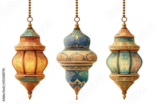Three ornate hanging lamps, colored in warm tones, with intricate designs