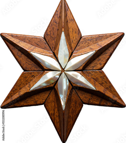 Handcrafted wooden Christmas star with inlaid mother of pearl isolated on transparent background for holiday decorations and gifts.