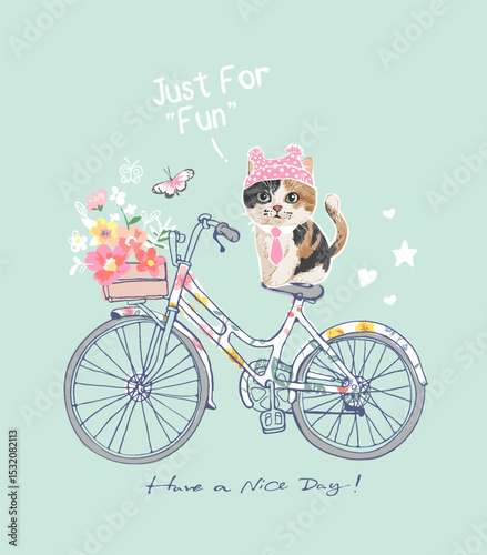 cute kitten and hand drawn bicycle vector illustration