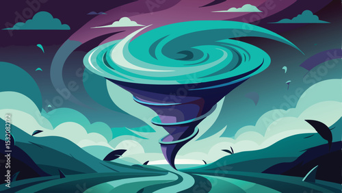 Stylized illustration of a powerful tornado in a landscape with dynamic colors