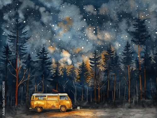 Cozy Camper Van Under Starry Forest Sky in Dreamy Watercolor Style. Generative AI