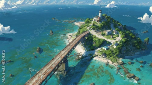 Scenic ocean bridge leading to a remote lighthouse, surrounded by vibrant blue water and rugged island cliffs anime videography