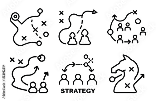 Bundle of Strategy Map Silhouette Icons in Minimal Line Style on White Background – Business Planning, Tactical Routes, and Team Strategy Vector Set

