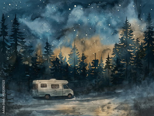 Cozy Camper Van Under Starry Forest Sky in Dreamy Watercolor Style. Generative AI