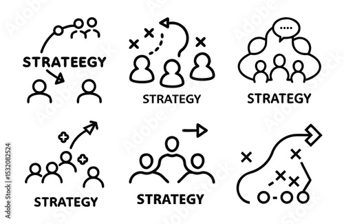 Bundle of Strategy Map Silhouette Icons in Minimal Line Style on White Background – Business Planning, Tactical Routes, and Team Strategy Vector Set

