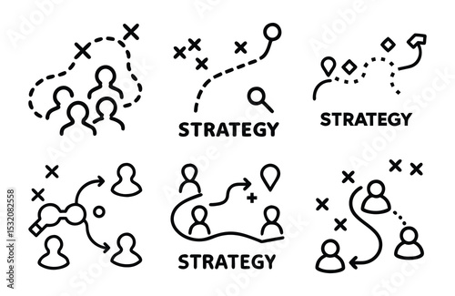 Bundle of Strategy Map Silhouette Icons in Minimal Line Style on White Background – Business Planning, Tactical Routes, and Team Strategy Vector Set

