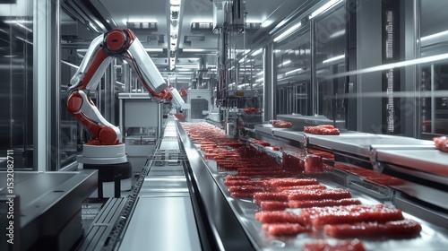 Automated meat processing facility.  Robotic arm manipulating raw meat on conveyor belt within a modern industrial environment