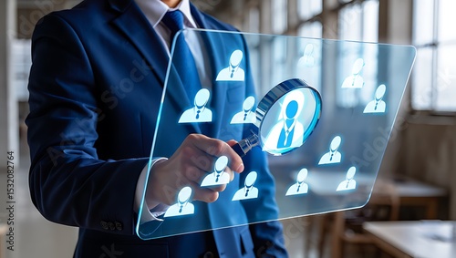 Businessman uses digital magnifying glass to find ideal candidate among many profiles for recruitment
