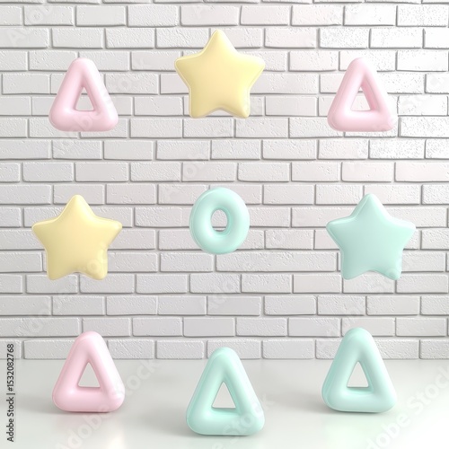 Colorful geometric shapes arranged in playful design against a light brick wall