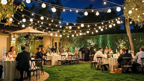 Outdoor dinner party under string lights (1)