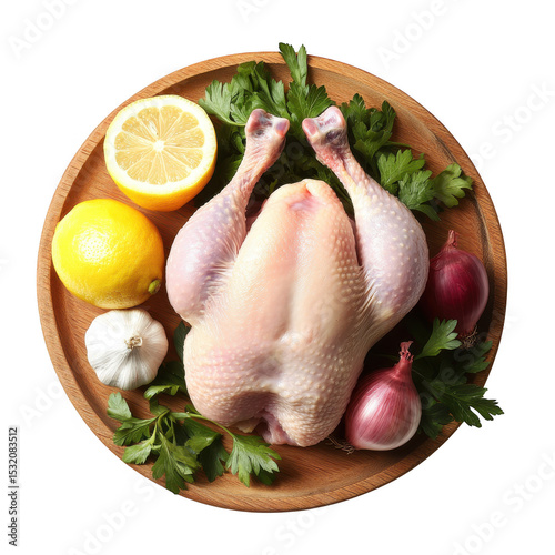 Raw chicken with herbs and vegetables isolated on transparent background