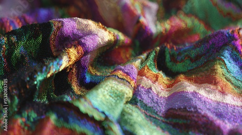 An abstract and colorful close up of shimmering textured fabric with a reflexive, glitch-like