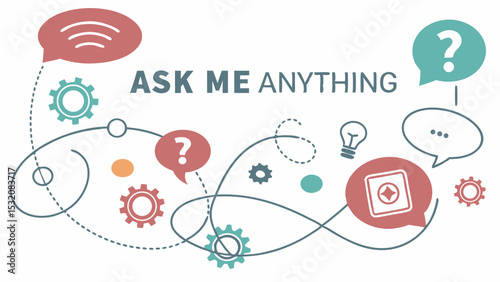 Illustration depicting ask me anything concept with speech bubbles, gears, a lightbulb, and a winding line