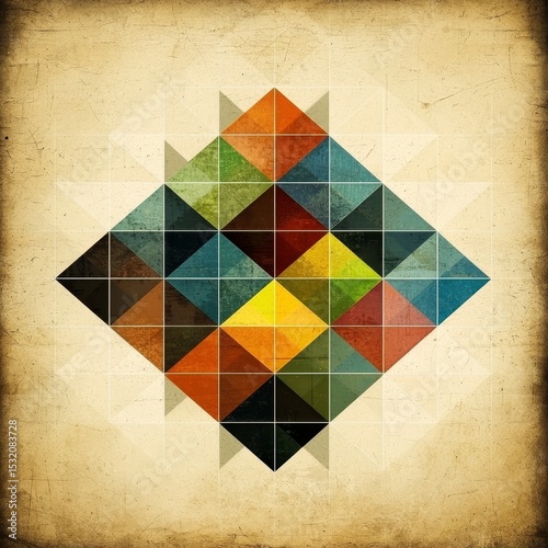 Geometric Colorful Pattern with Triangles and Squares on Vintage Background Art