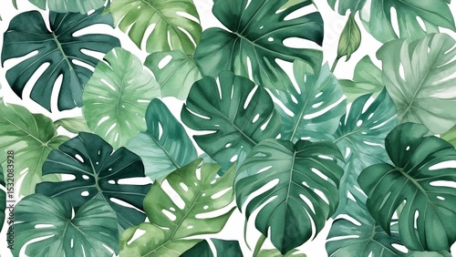 Watercolor monstera leaves on white background with botanical pattern photo