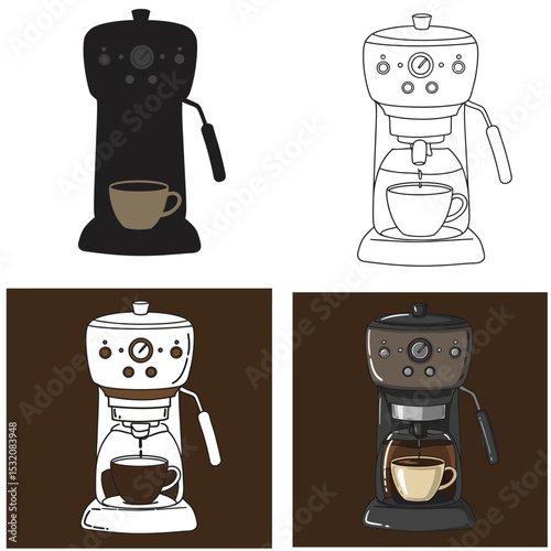 Isolated Coffee icons set. French press, coffee machine, mug, cup, milk pitcher, kettle. Collection for menu, coffee shop. Coffee brewing concept. Hand drawn modern Vector illustration