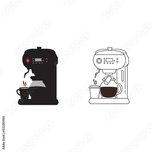 Isolated Coffee icons set. French press, coffee machine, mug, cup, milk pitcher, kettle. Collection for menu, coffee shop. Coffee brewing concept. Hand drawn modern Vector illustration