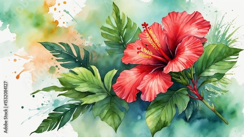 Watercolor red hibiscus with tropical leaves on white background photo