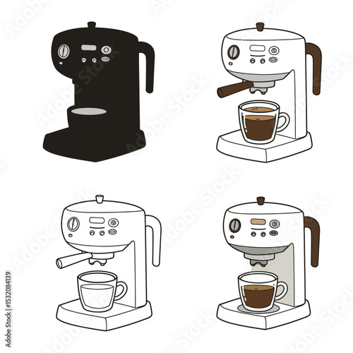 Isolated Coffee icons set. French press, coffee machine, mug, cup, milk pitcher, kettle. Collection for menu, coffee shop. Coffee brewing concept. Hand drawn modern Vector illustration